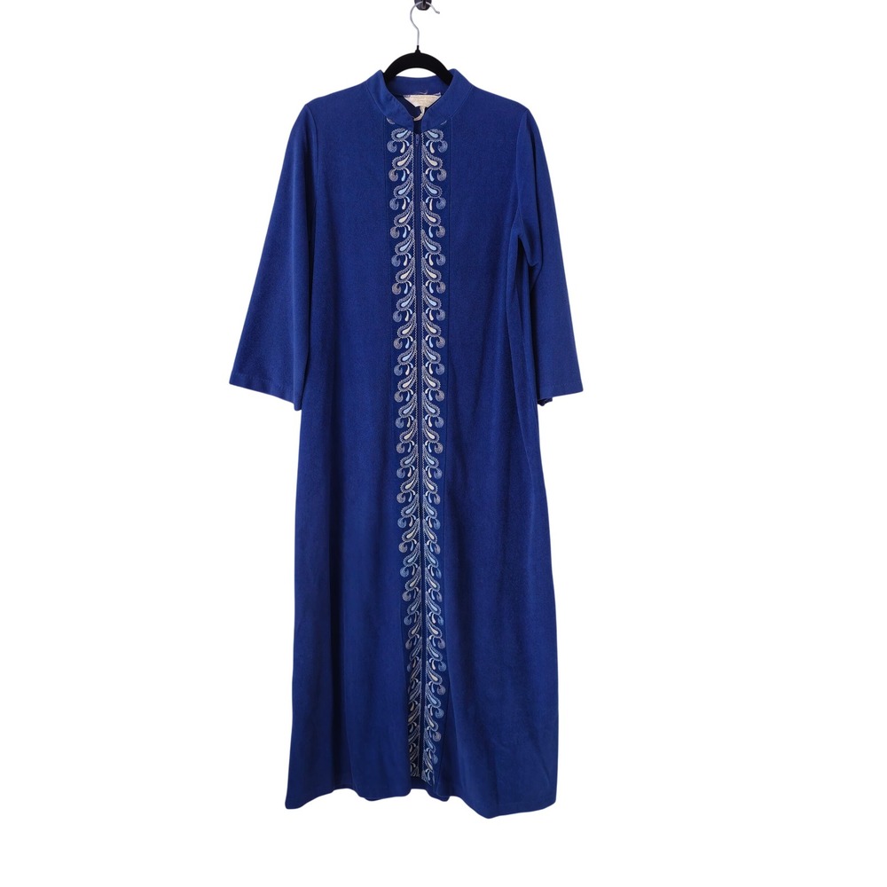 Sears At Home Wear Blue Velour Embroidered Zipper Robe Loungewear‎ M Grandma